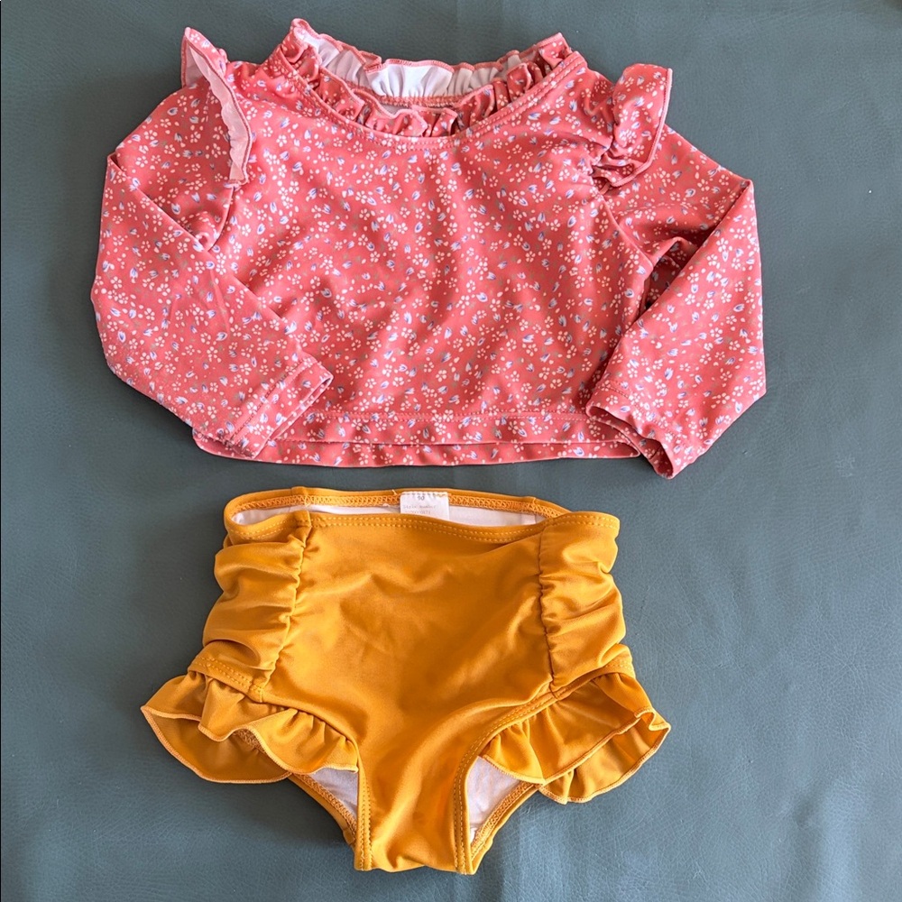Girls Two-Piece Ruffle Swim Set - Coral Pink Top & Mustard Yellow Bottom